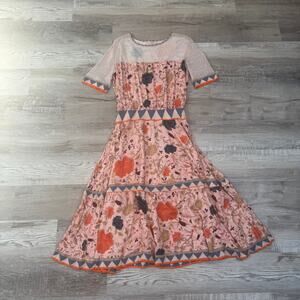 Anthropologie Cecilia Prado Pink Floral Mesh Midi Dress Indie Boho Chic Large